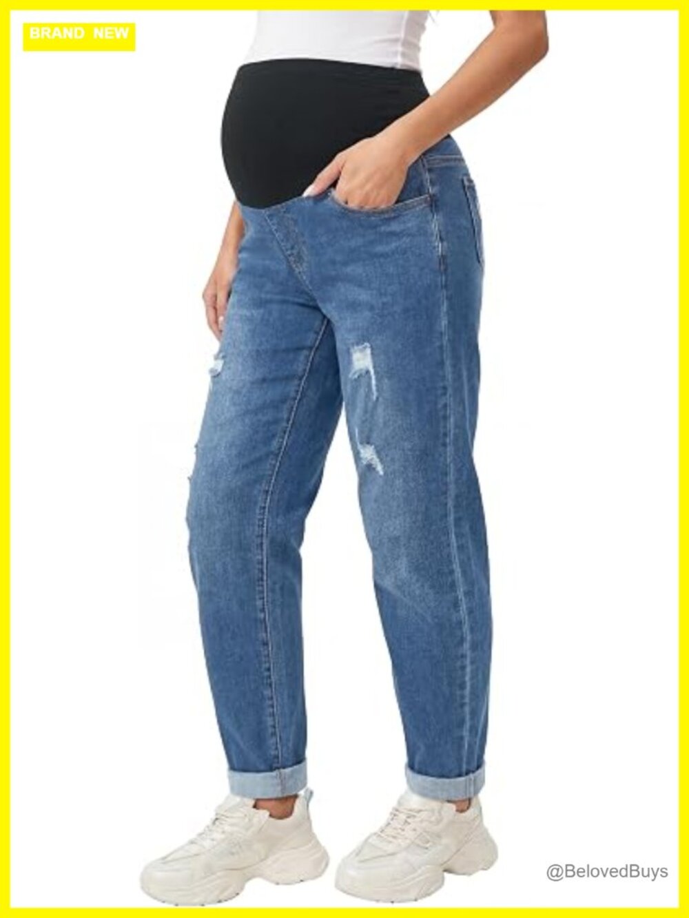 Adjustable Waistband Maternity Jeans Over Belly Stretchy Cotton Blend Ripped